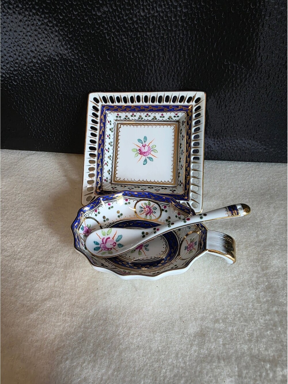 Vintage Crown Porcelain Condiment Dish Spoon Tray Cobalt Gold Floral 3-Piece